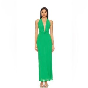 Green Halter Plunge Backless Gown